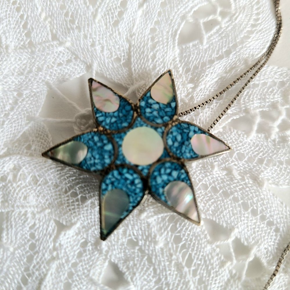 Alpaca Mexico Silver pendant/brooch with inlay mother of pearl on silver chain.